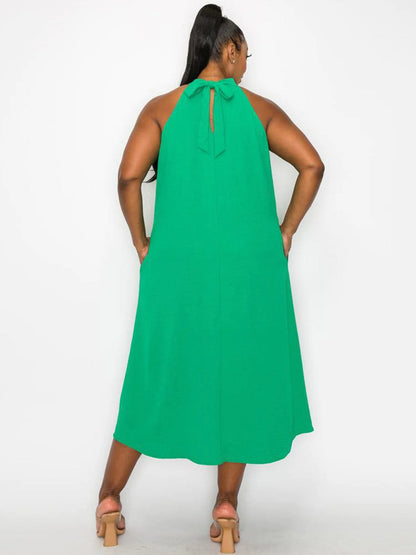 GREEN PLUS SIZE SLEEVELESS HALTER NECK POCKETS TUNIC MIDI DRESS