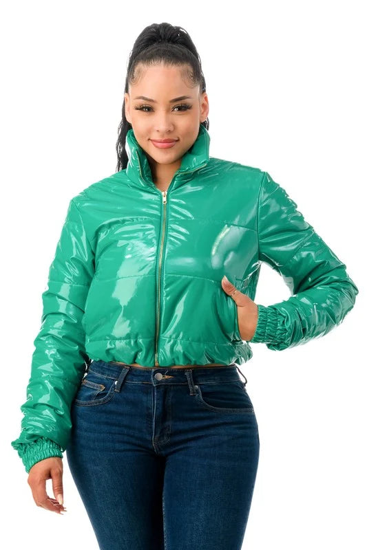 GREEN Cropped Puffer Latex Bomber Jacket