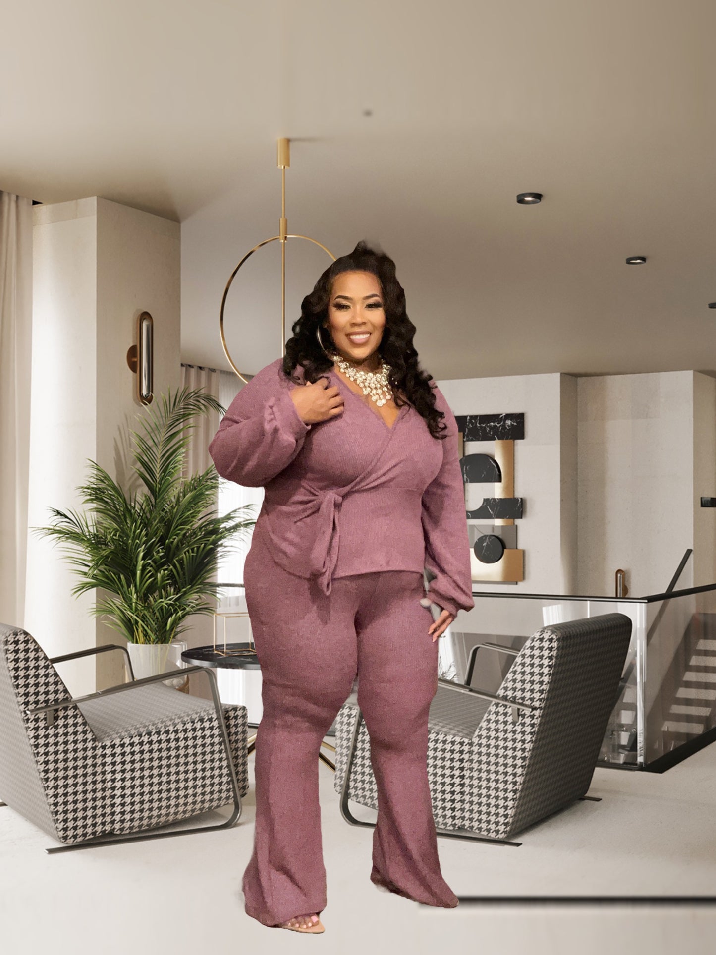 PLUS SIZE VERY STRETCHY HACCI 2-PIECE PANT SET-MAUVE