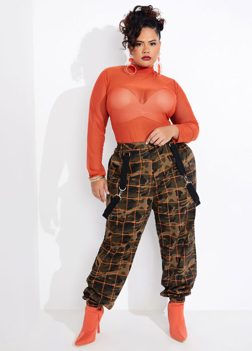 PLUS SIZE CAMO GRID PRINTED JOGGER PANTS W/SUSPENDERS