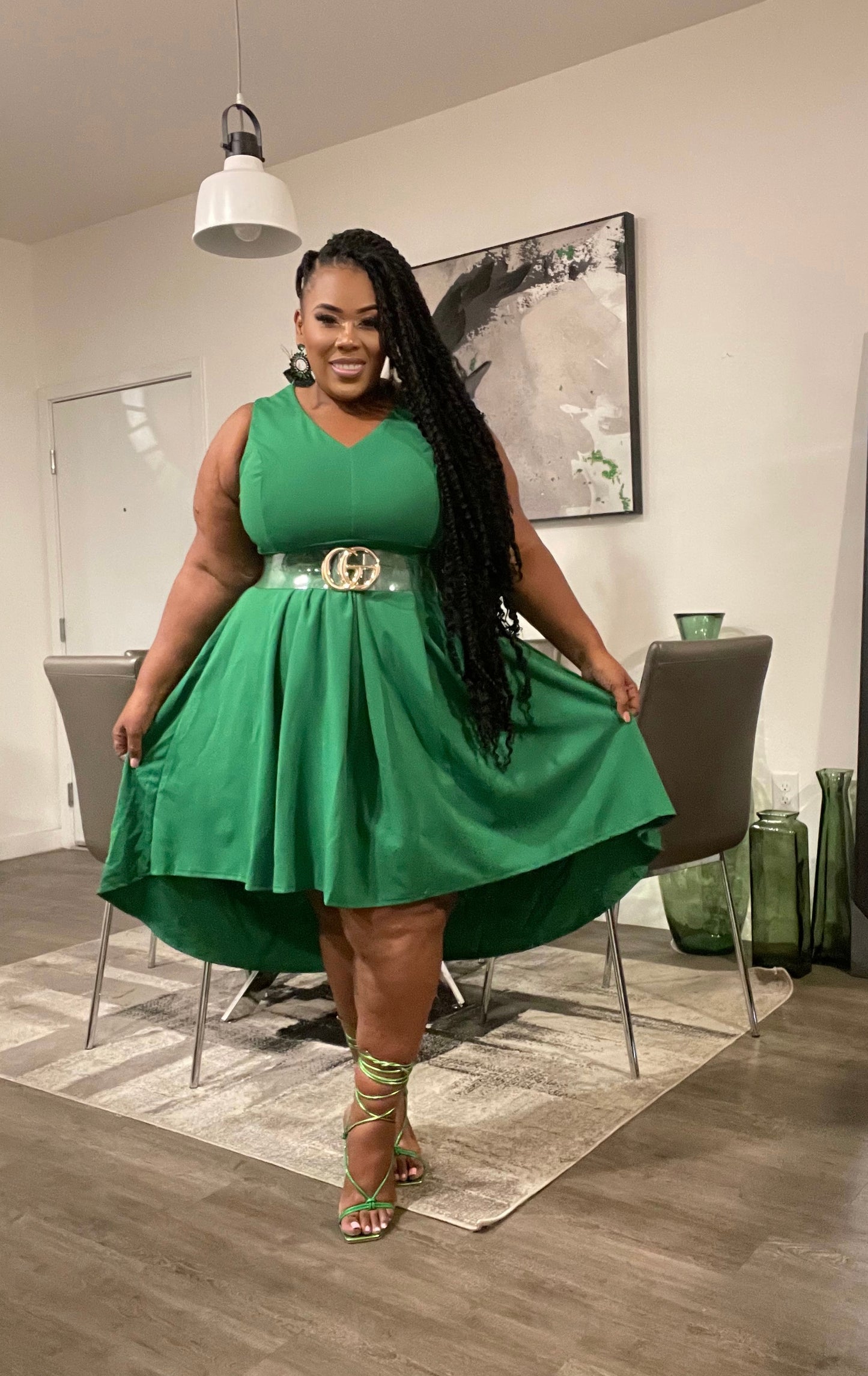 PLUS SIZE SLEEVELESS V-NECK HIGH-LOW MIDI DRESS-KELLY GREEN