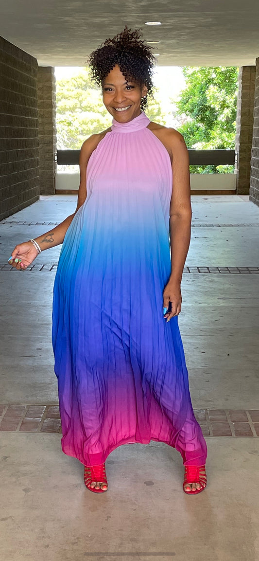 OMBRE PLEATED HIGH NECK BAND MAXI DRESS