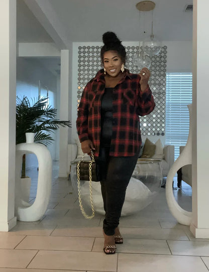 PLUS SIZE RED PLAID LONG SLEEVE BUTTON UP TOP