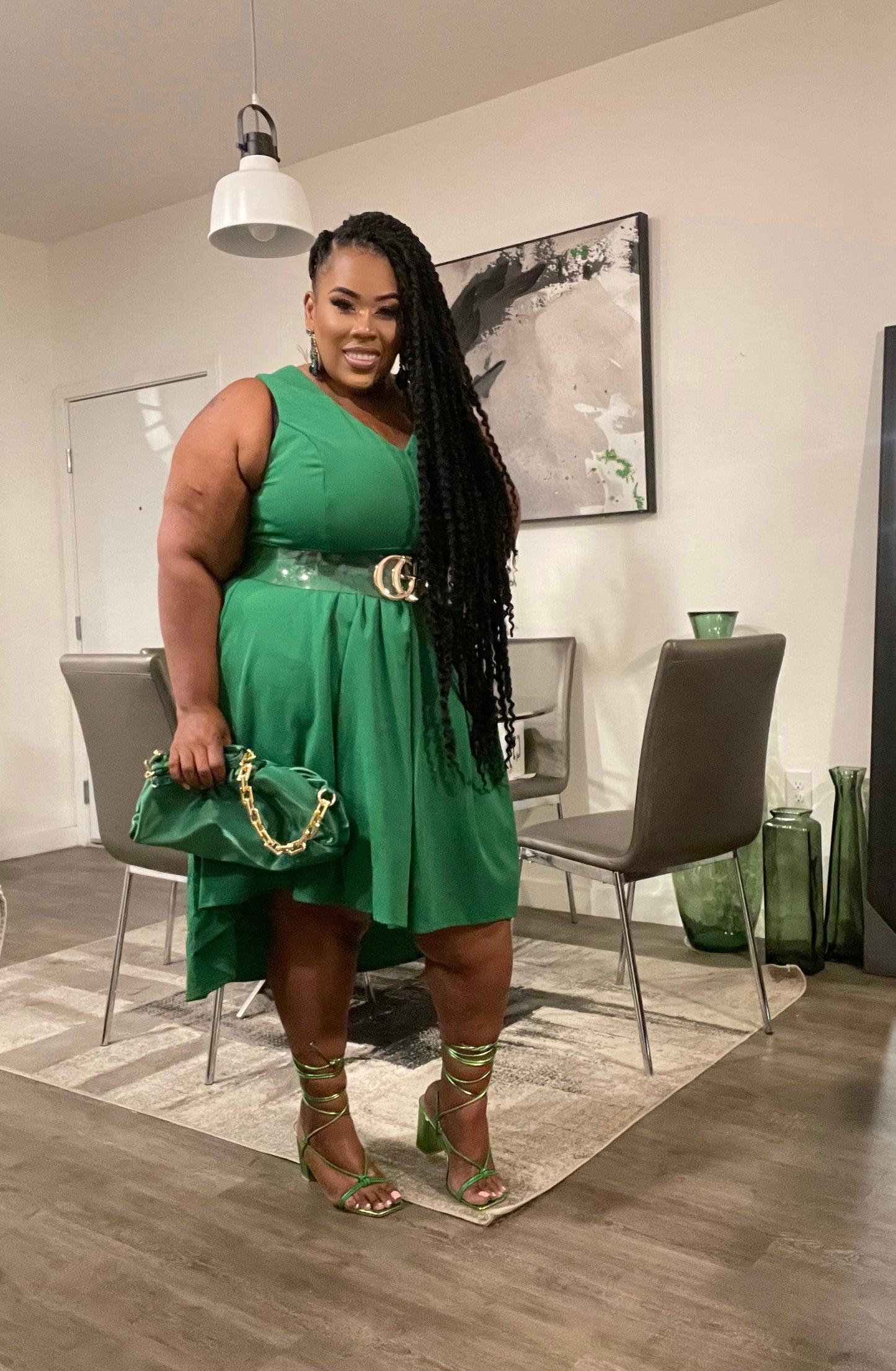 PLUS SIZE SLEEVELESS V-NECK HIGH-LOW MIDI DRESS-KELLY GREEN