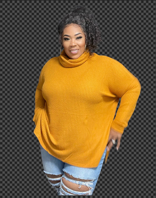 THERMAL WAFFLE COWL NECK SWEATER-MUSTARD