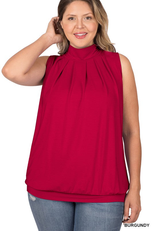 HIGH NECK PLEATED TOP WITH WAISTBAND-BURGUNDY