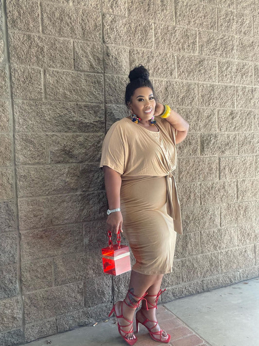 PLUS SIZE KHAKI KNOTTED FRONT DRESS