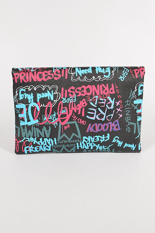 GRAFITTI Multi Letter Cross Chain Body Clutch-BLACK