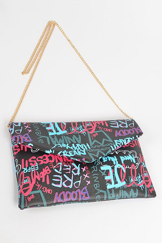 GRAFITTI Multi Letter Cross Chain Body Clutch-BLACK