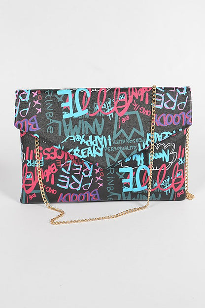 GRAFITTI Multi Letter Cross Chain Body Clutch-BLACK