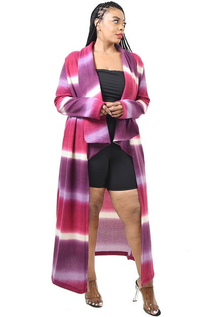 DRAPPED SHAWL-COLLAR CARDIGAN-MAGENTA STRIPE