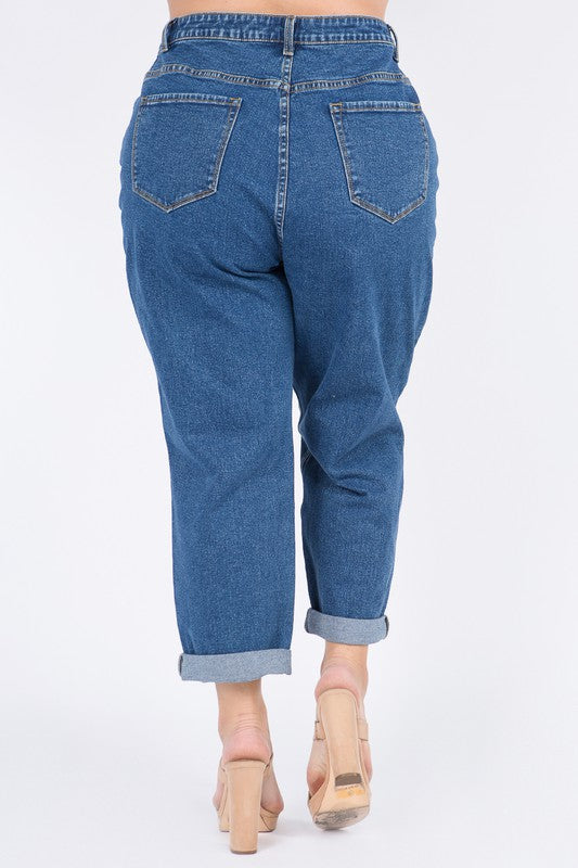 PLUS SIZE HIGH WAIST DESTROYED KNEE JEANS