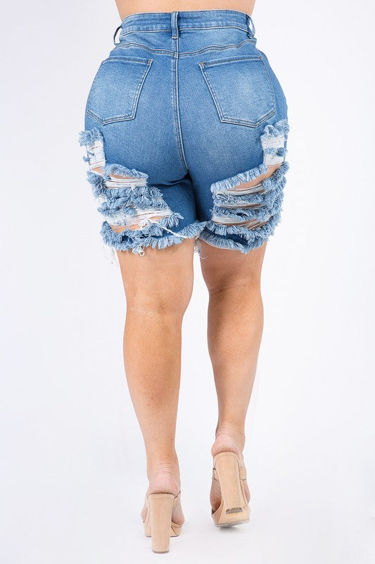 PLUS SIZE HIGH WAIST DESTROYED SLICED SHORTS