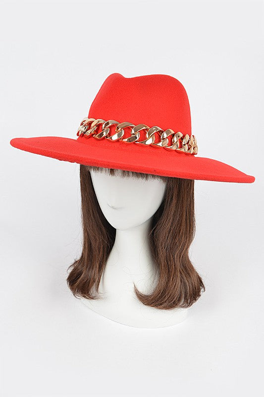 Faux Wool Hat W Oversize Chain-RED/GOLD