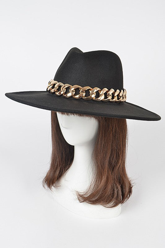 Faux Wool Hat W Oversize Chain-BLACK/GOLD