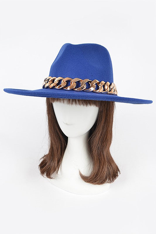 Faux Wool Hat W Oversize Chain-BLUE/GOLD