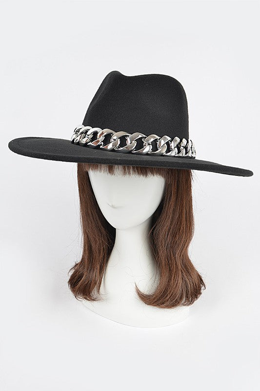 Faux Wool Hat W Oversize Chain-BLACK/SILVER