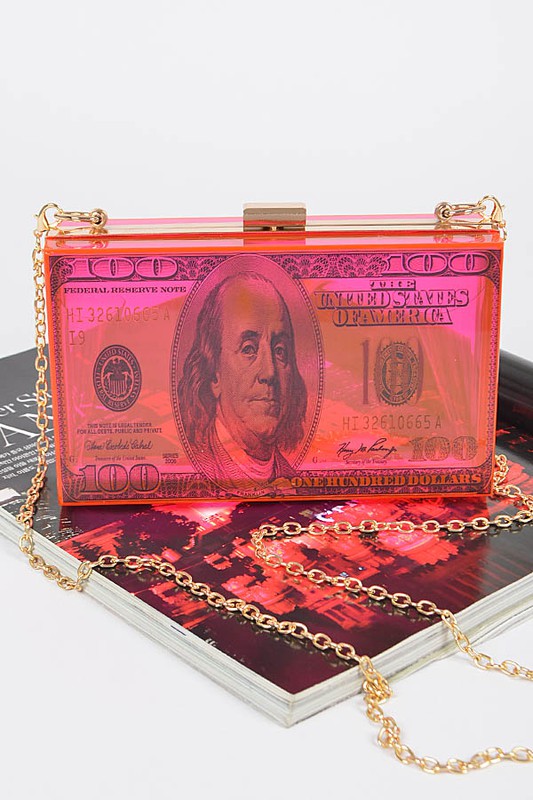 Money Printed Transparent Hard Case Bag-NEON PINK