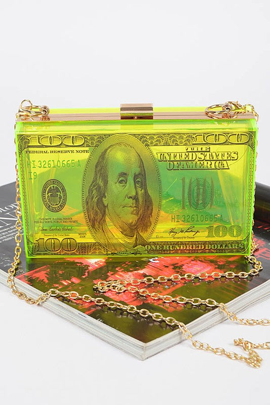 Money Printed Transparent Hard Case Bag-NEON YELLOW