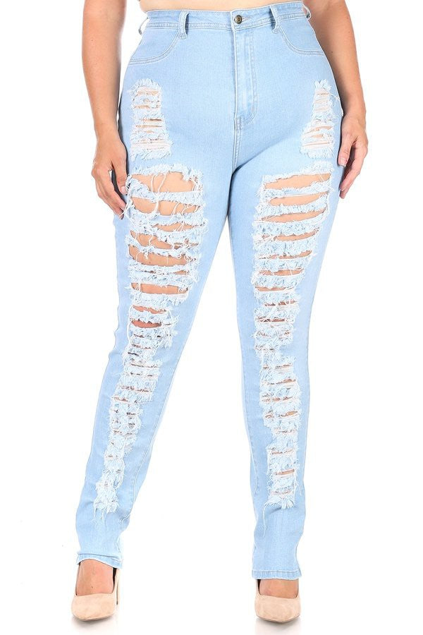 PLUS SIZE HIGH WAIST STRETCHY DENIM HEAVY RIPPED JEANS-LIGHT BLUE