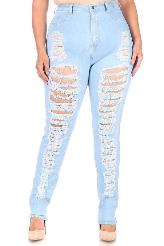 PLUS SIZE HIGH WAIST STRETCHY DENIM HEAVY RIPPED JEANS-LIGHT BLUE