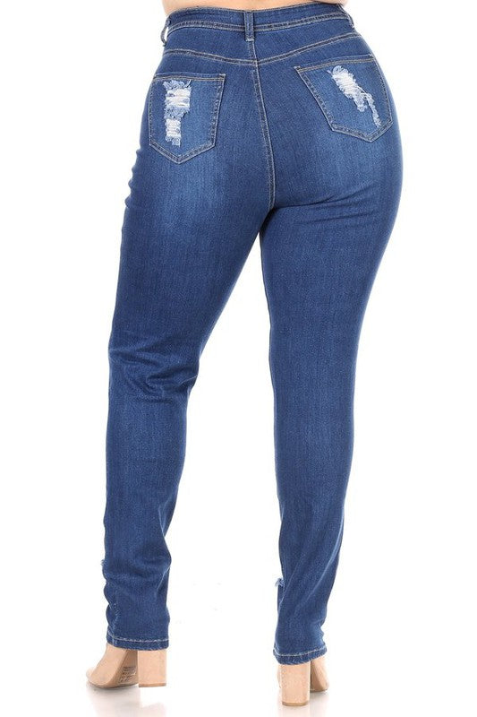 PLUS SIZE HIGH WAIST STRETCHY DENIM HEAVY RIPPED JEANS-MEDIUM BLUE