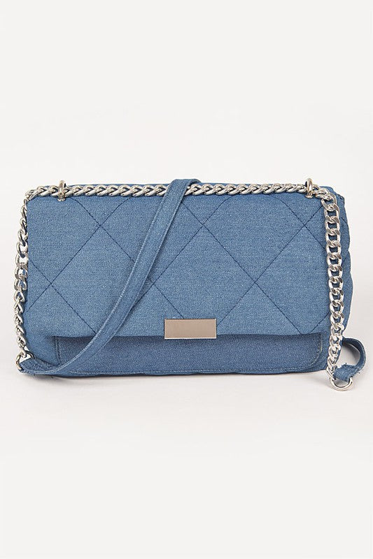 Quilted Denim Chain Crossbody Bag-DARK DENIM