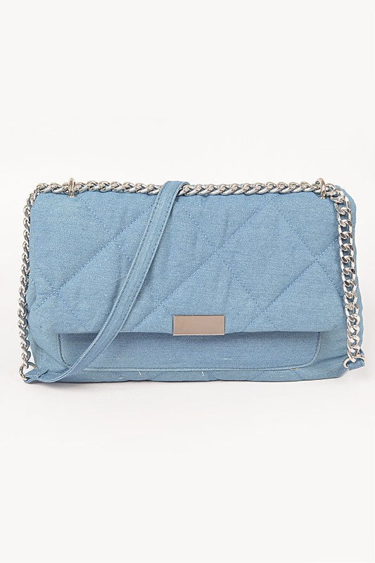 Quilted Denim Chain Crossbody Bag-LIGHT DENIM