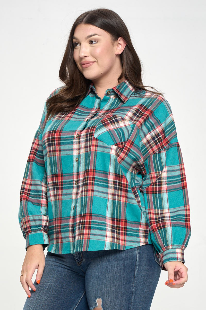 PLUS SIZE PLAID BUTTON UP SHIRT-JADE MIX