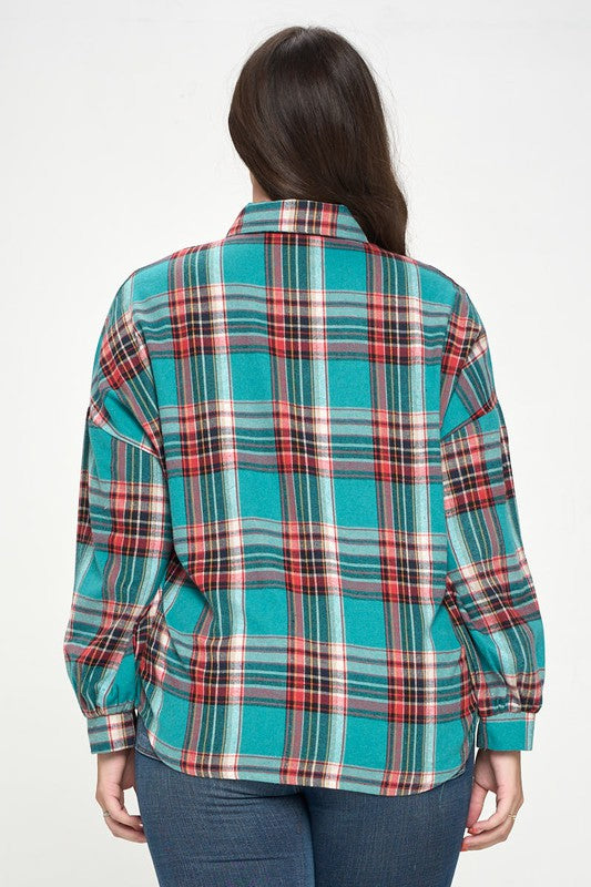 PLUS SIZE PLAID BUTTON UP SHIRT-JADE MIX