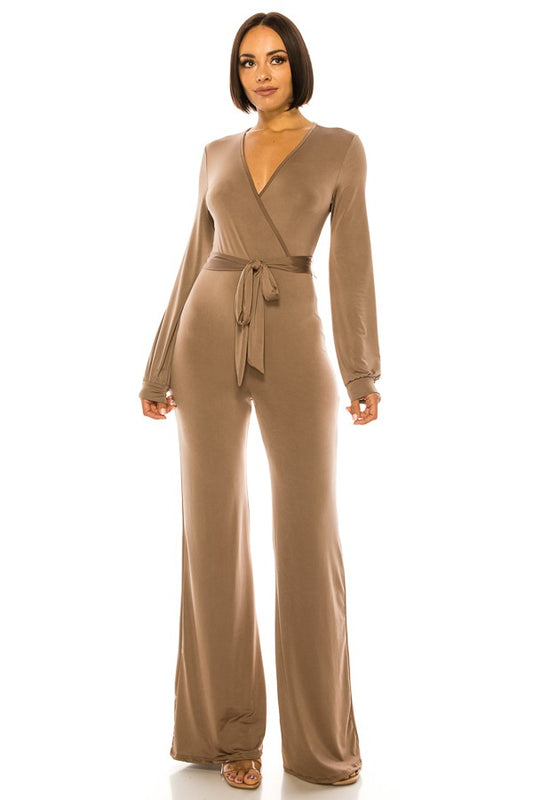 PLUS SIZE DEEP V-NECK WIDE LEG JUMPSUIT W/BELT