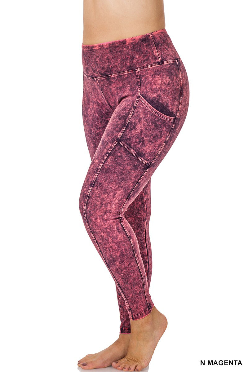 MINERAL WASH WIDE WAISTBAND FULL LEGGINGS-MAGENTA