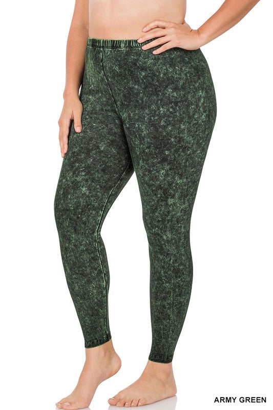 PLUS SIZE MINERAL WASHED HIGHWAIST LEGGINGS-ARMY GREEN