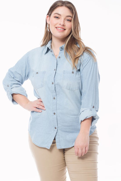 Chambray Button Down Split Neck Denim Shirt-LIGHT DENIM