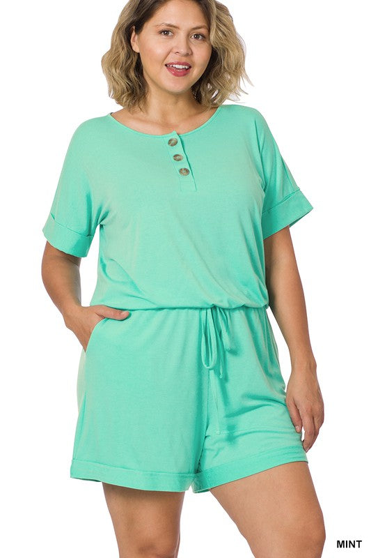 PLUS SHORT SLEEVE ROMPER WITH POCKETS-MINT