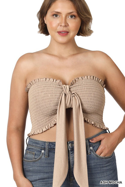 PLUS SIZE PLUS  SMOCKED TIE FRONT TUBE TOP-02