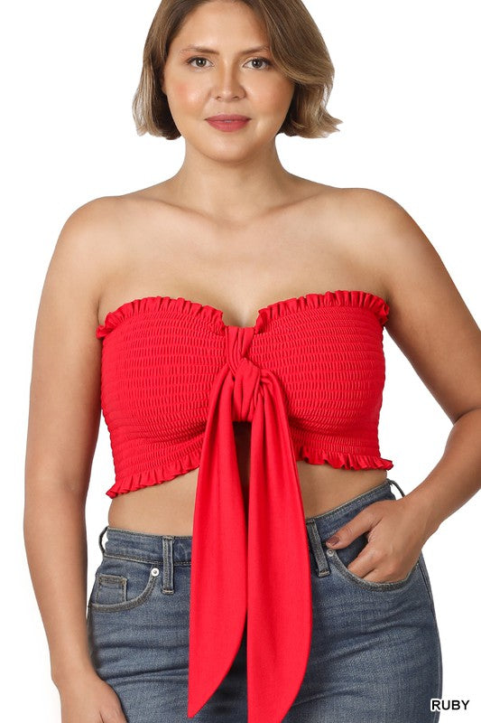 PLUS SIZE PLUS  SMOCKED TIE FRONT TUBE TOP-02