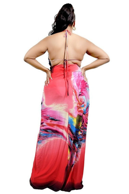 PLUS SIZE RED ABSTRACT PAINTING HALTER MAXI DRESS