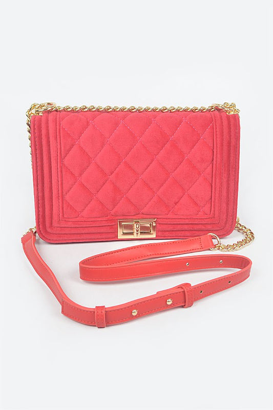 Quilted Velvet Flap Bag-RED