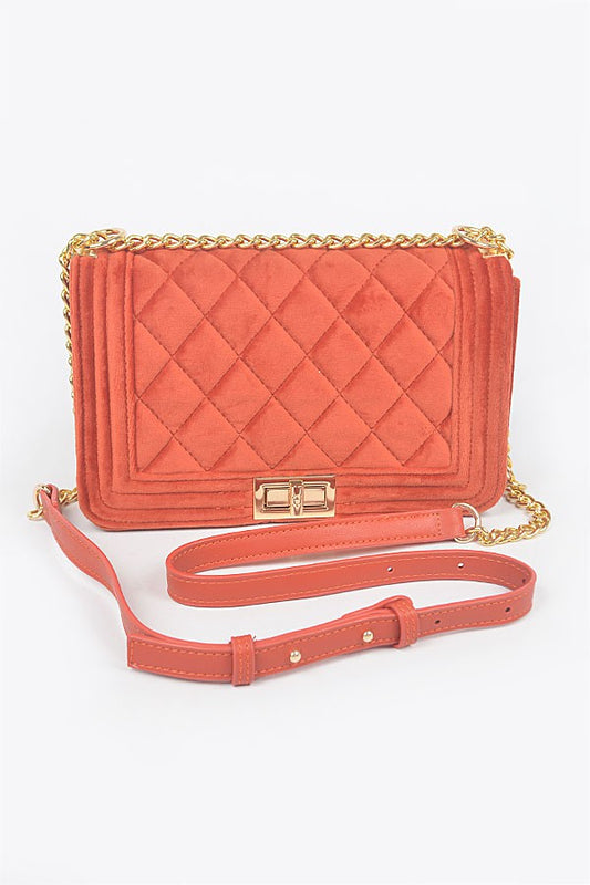 Quilted Velvet Flap Bag-ORANGE