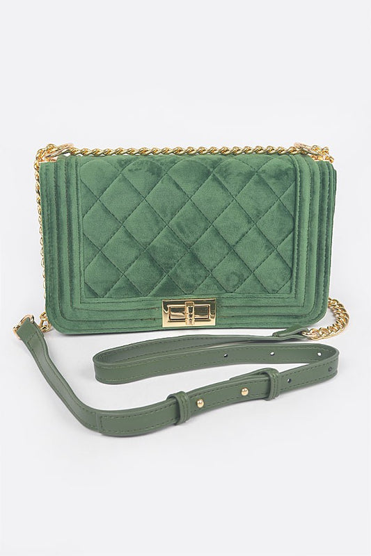 Quilted Velvet Flap Bag-GREEN