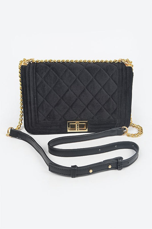 Quilted Velvet Flap Bag-BLACK