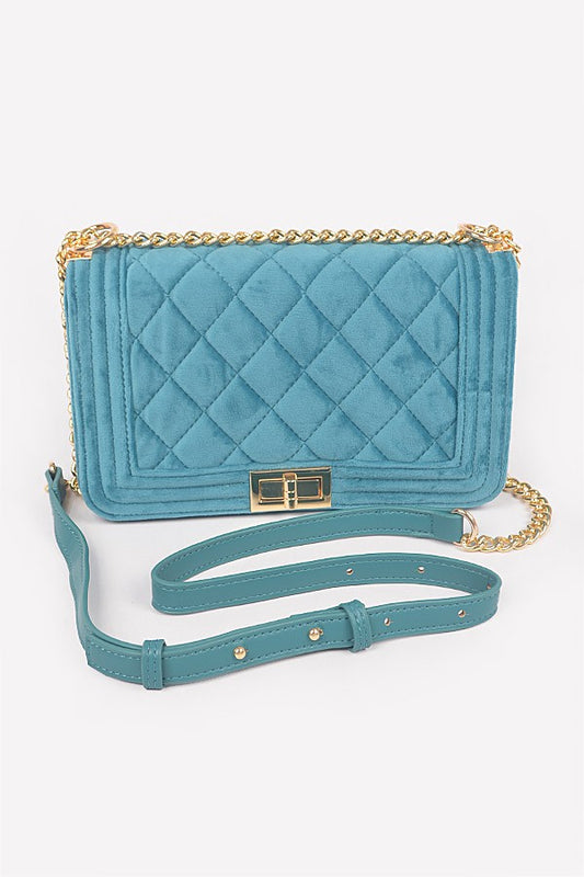 Quilted Velvet Flap Bag-TEAL