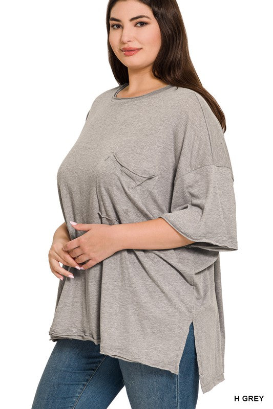 PLUS OVERSIZED FRONT POCKET RAW EDGE TOP-HEATHER GREY