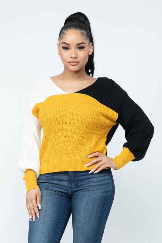 Color Block Twisted Open Back Loose Fit Sweater-MUSTARD