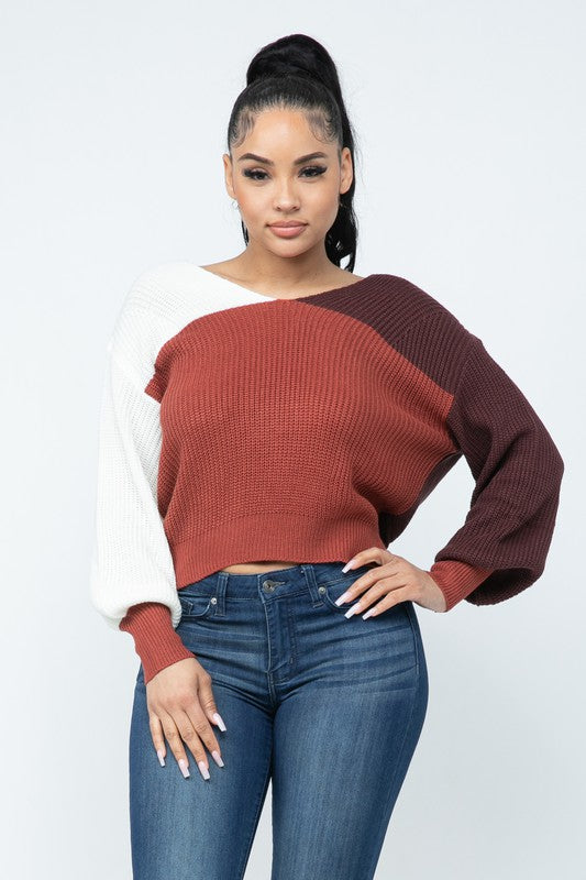 Color Block Twisted Open Back Loose Fit Sweater-RUST