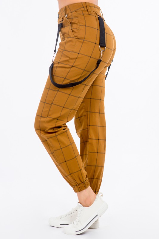 PLUS SIZE GRID PRINTED JOGGER PANTS W/SUSPENDERS-TIMBER/BLACK