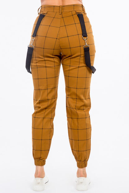 PLUS SIZE GRID PRINTED JOGGER PANTS W/SUSPENDERS-TIMBER/BLACK