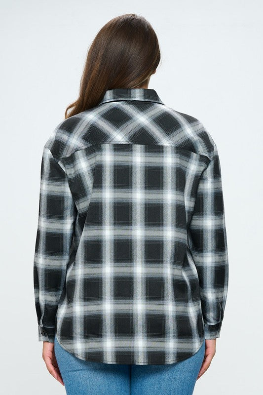 PLUS SIZE PLAID BUTTON UP SHIRT-BLACK/WHITE