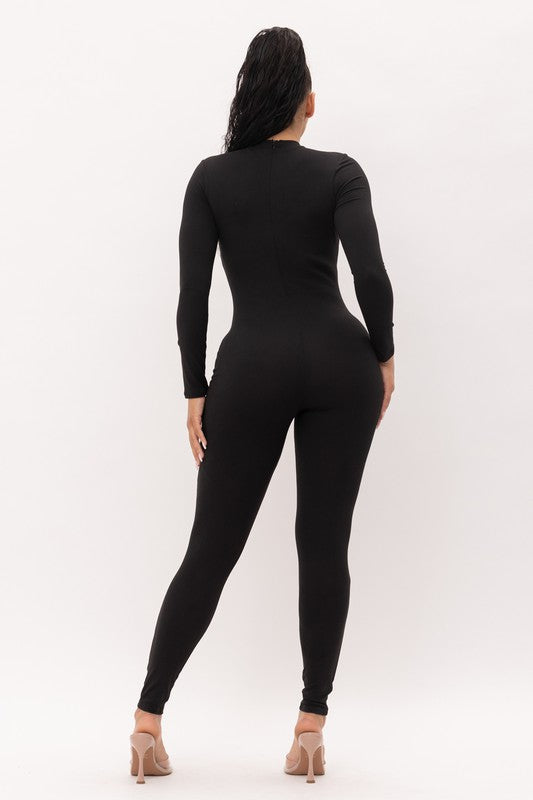 Mock Neck One Leg Laser Cut Long Sleeve Jumpsuit